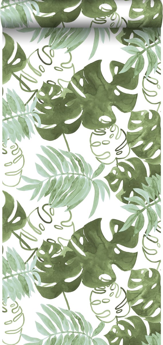 Proefstaal Walls4You behang tropische bladeren groen grijs - 26,5 x 21 cm - 935294-S