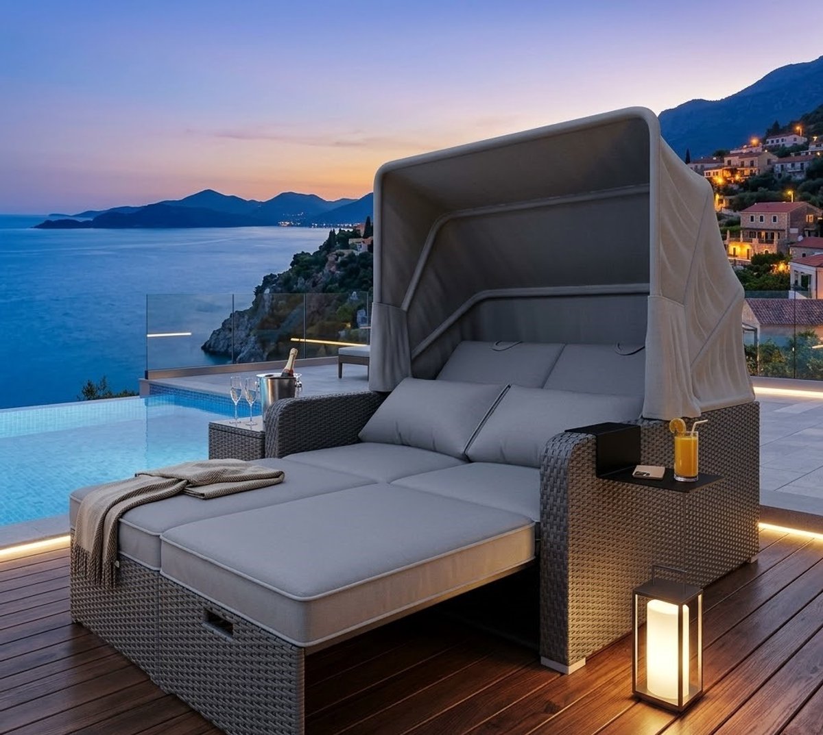 Luxe Solar Lounge Zonne-eiland Tuinset met Luifel en Kussens, Poly Rattan Loungeset 196x130x152CM voor Tuin, Terras en Balkon