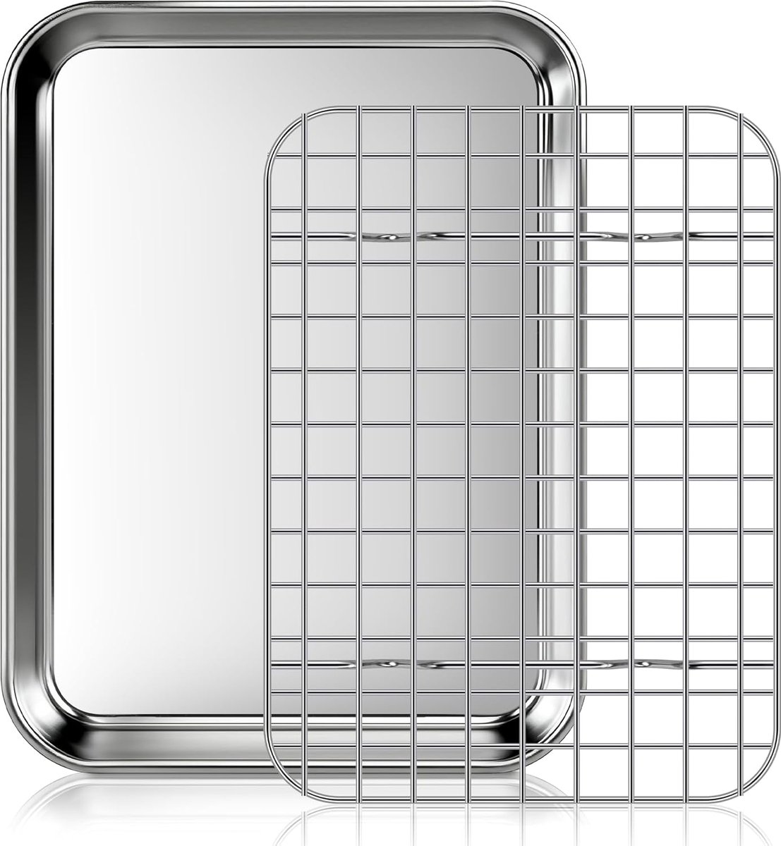 Bakplaat met afkoelrek: Een set roestvrijstalen bakplaten en -pannen, ovenbestendig, Geschikt voor thuisgebruik, met afmetingen van 23,5 x 17,5 x 2,5 cm.