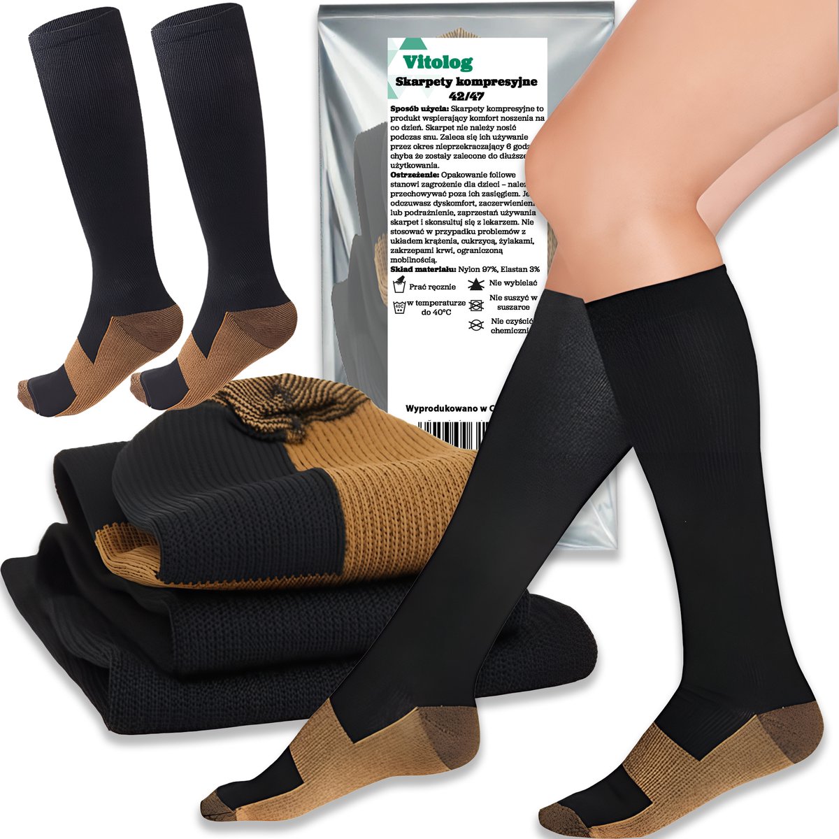 Vitolog - Compressiekousen - Profylactische Klasse - 42-47 - Zwart/Brons