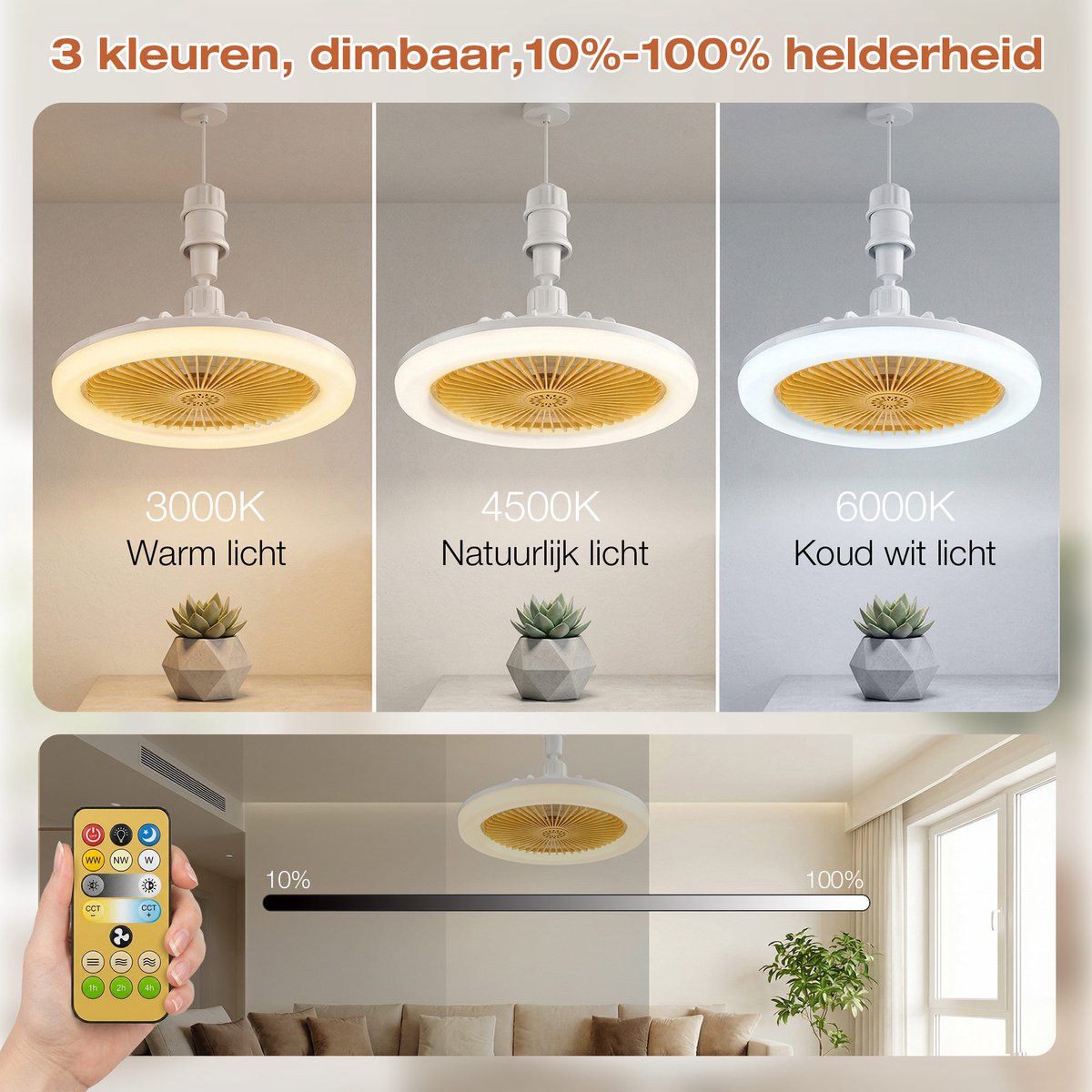 MUPOO Plafond ventilator met LED verlichting E27 Fitting met 360° Draaibaar - APP & Afstandsbediening -Eenvoudige Installatie -Snel te Installeren - 3 Snelheden & Dimbaar - Mini lamp ventilator plafond Voor Slaapkamer & Keuken -Geel thumbnail 3