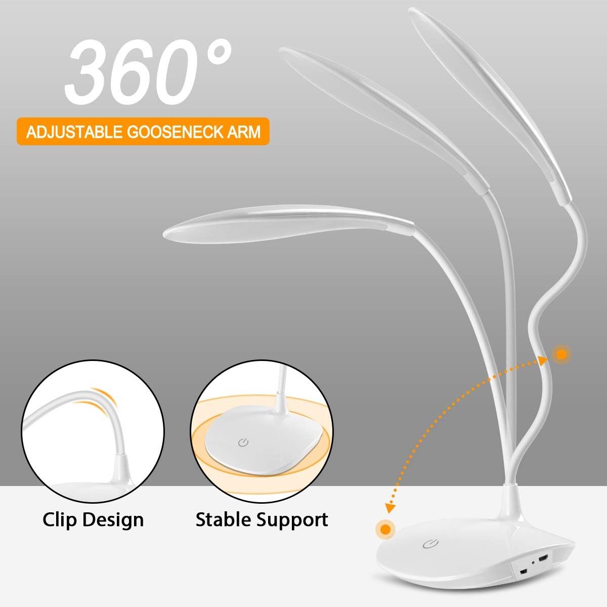 GLOBEREXSPAINSOLUCIONESSLU LED-bureaulamp, LED-leeslamp met USB-kabel, 15 LED's, 3 helderheidsniveaus, 360° flexibel, 1200 mAh, touchbediening, oogbescherming, voor studie en lezen thumbnail 3