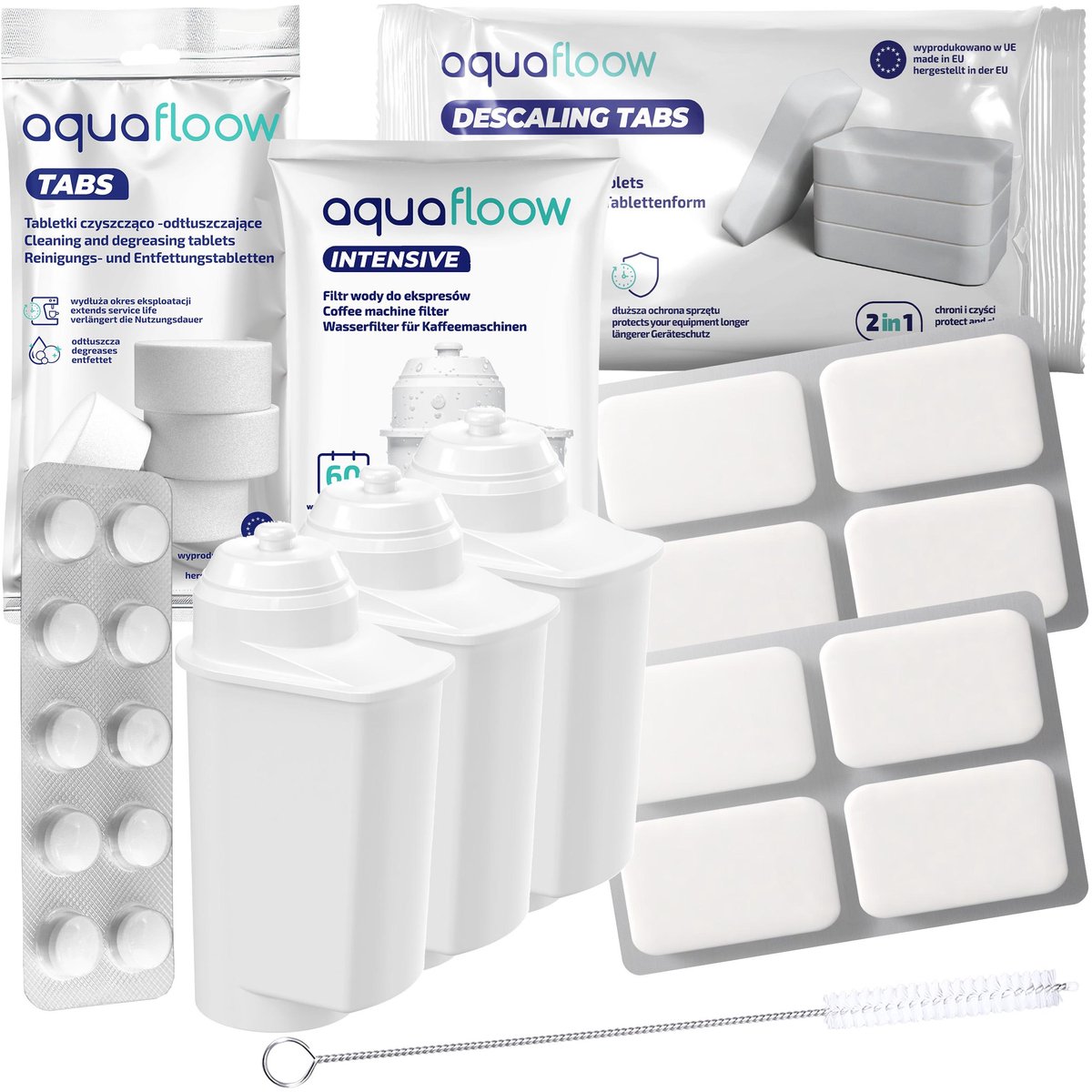 AquaFloow Onderhoudsset – 3x Waterfilter, Reinigingstabletten, Ontkalkingstabletten en Reinigingsborstel – voor Siemens Koffiemachine
