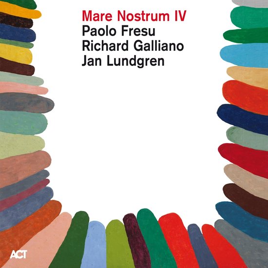 Albumhoes 'Mare Nostrum IV' met een abstracte gekleurde rand en de tekst 'Mare Nostrum IV Paolo Fresu Richard Galliano Jan Lundgren'.