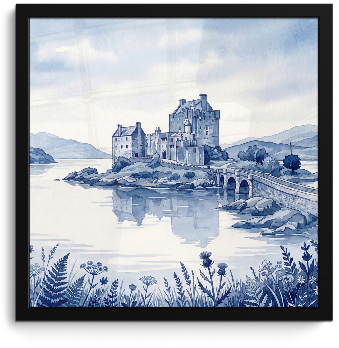 FrameYourWall Poster in lijst - Fotolijst 40x40 cm - Posters - Schots - Kasteel - Blauw - Aquarel - Posterlijst zwart - Decoratie - Wanddecoratie woonkamer - Muurdecoratie slaapkamer