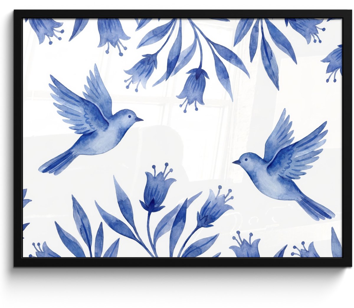 FrameYourWall Poster in lijst - Fotolijst 80x60 cm - Posters - Modern - Vogels - Delfts - Blauw - Posterlijst zwart - Decoratie - Wanddecoratie woonkamer - Muurdecoratie slaapkamer