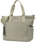 Grijze shopper met beige hengsels, schouderband en sleutelhanger met tekst.