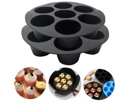 2-delige siliconen muffinvorm met 7 cupjes voor airfryer (3,5-5,8 liter), antiaanbakvormpjes voor muffins, ronde cupcakevormpjes voor thuisgebruik, ideaal voor het maken van mini-quiches, muffins, cakejes en taartjes (zwart - 17,5 cm)