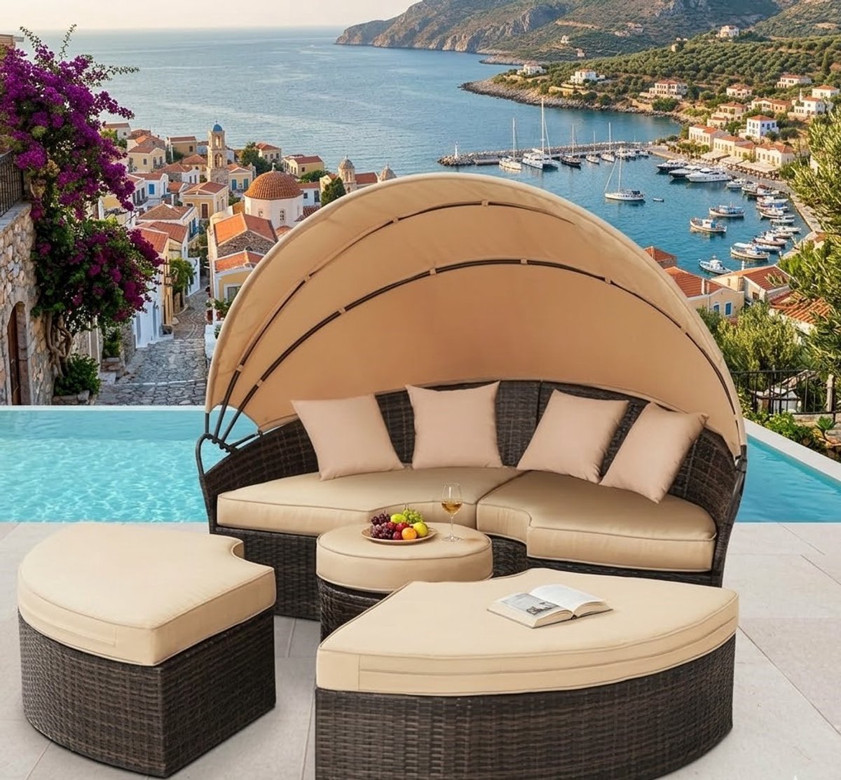 Luxe Polyrotan Zonne-eiland met Dak – Comfortabele Tuin Lounger 184x184x141 cm
