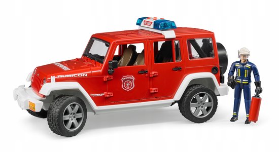Rode brandweerauto Jeep Wrangler met brandweerman, brandblusser en verlichting op het dak.