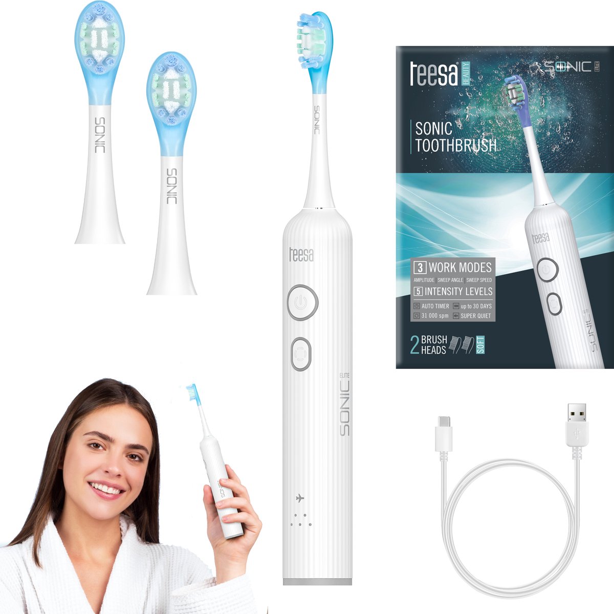 Teesa Sonic Elite - Elektrische Tandenborstel - Witte Kleur - Sonische Technologie