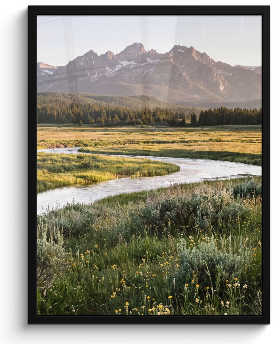 FrameYourWall Poster in lijst - Fotolijst 60x80 cm - Posters - Berglandschap - Rivier - Bos - Posterlijst zwart - Decoratie - Wanddecoratie woonkamer - Muurdecoratie slaapkamer