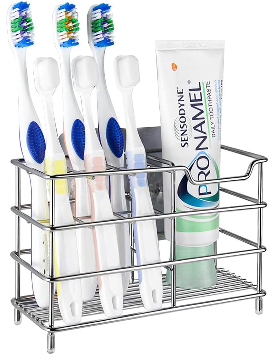 Allecto - RVS Wandbeugel voor Tandenborstel met 7 Vakjes - Multifunctioneel Badkamer Organizer voor Elektrische Tandenborstels, Tandenpasta en Acces..