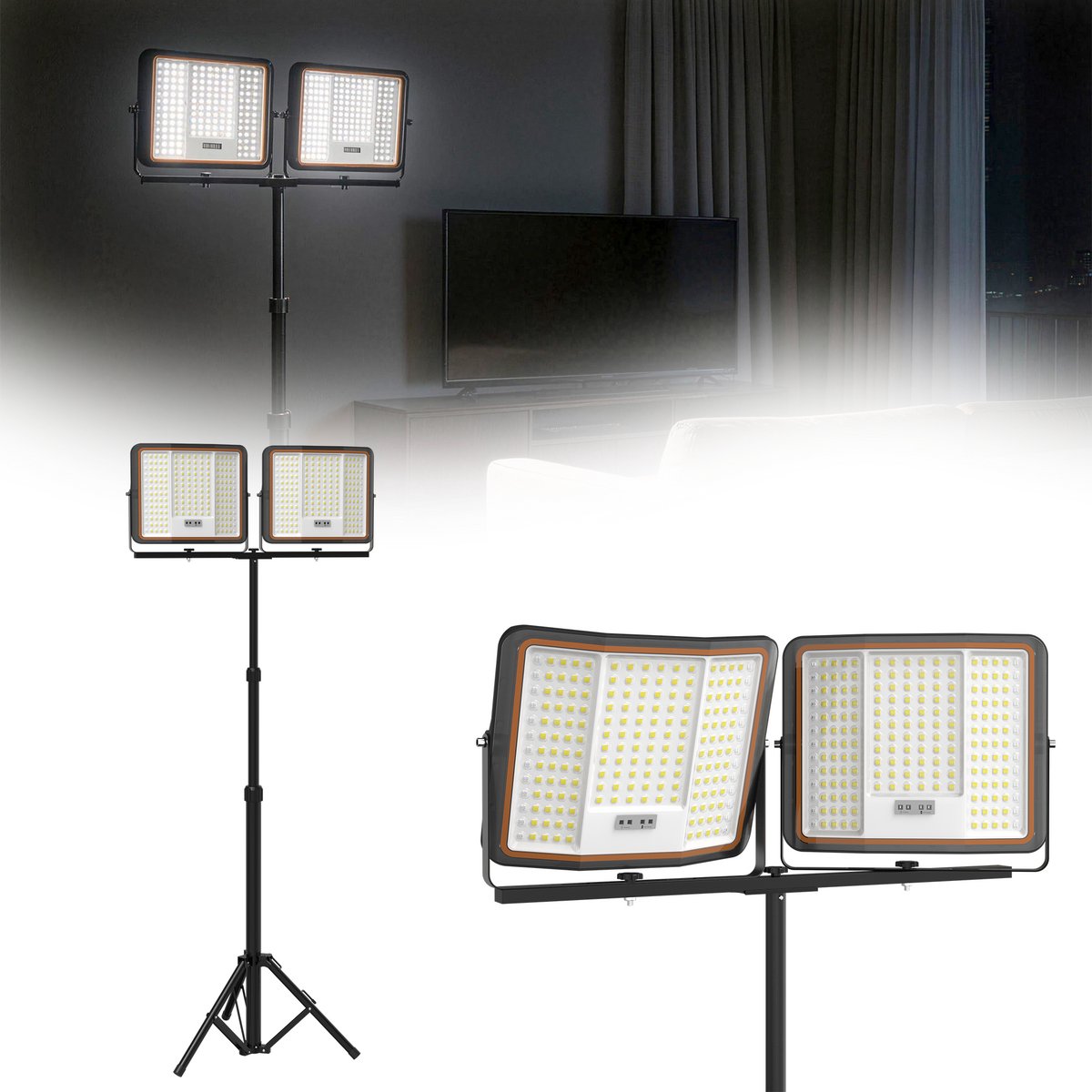 2x200W LED Bouwlamp Accu - Met Statief & 2M Type-C Kabel - 360° Draaibaar - 3 Lichtstanden - Hoogte Verstelbaar 113-178cm - Koudwit - IP66 Waterdicht - Voor Garage, Werkplaats En Bouwplaats - NAIZY