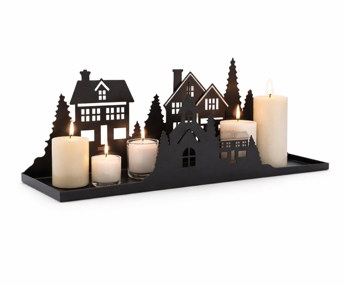 Plateau Kaarsenhouder Kerst Zwart – Metalen Kerstdecoratie met Dorpssilhouet – 40 x 9 x 14 cm – Plateau voor Kaarsen en Waxinelichtjes – foto 2