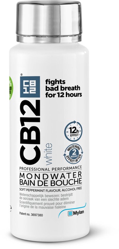 CB12 White Mondwater - Frisse Adem en Whitening effect - 12 uur bescherming - Met fluoride en pepermuntsmaak - Alocholvrij - 250ml
