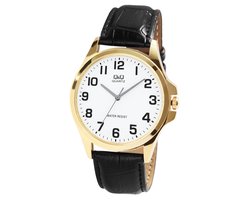 Q&Q QA06J104Y - Horloge - Analoog - Heren - Mannen - Leren band - Rond - Metaal - Cijfers - Zwart - Goudkleurig - Wit - 3 ATM