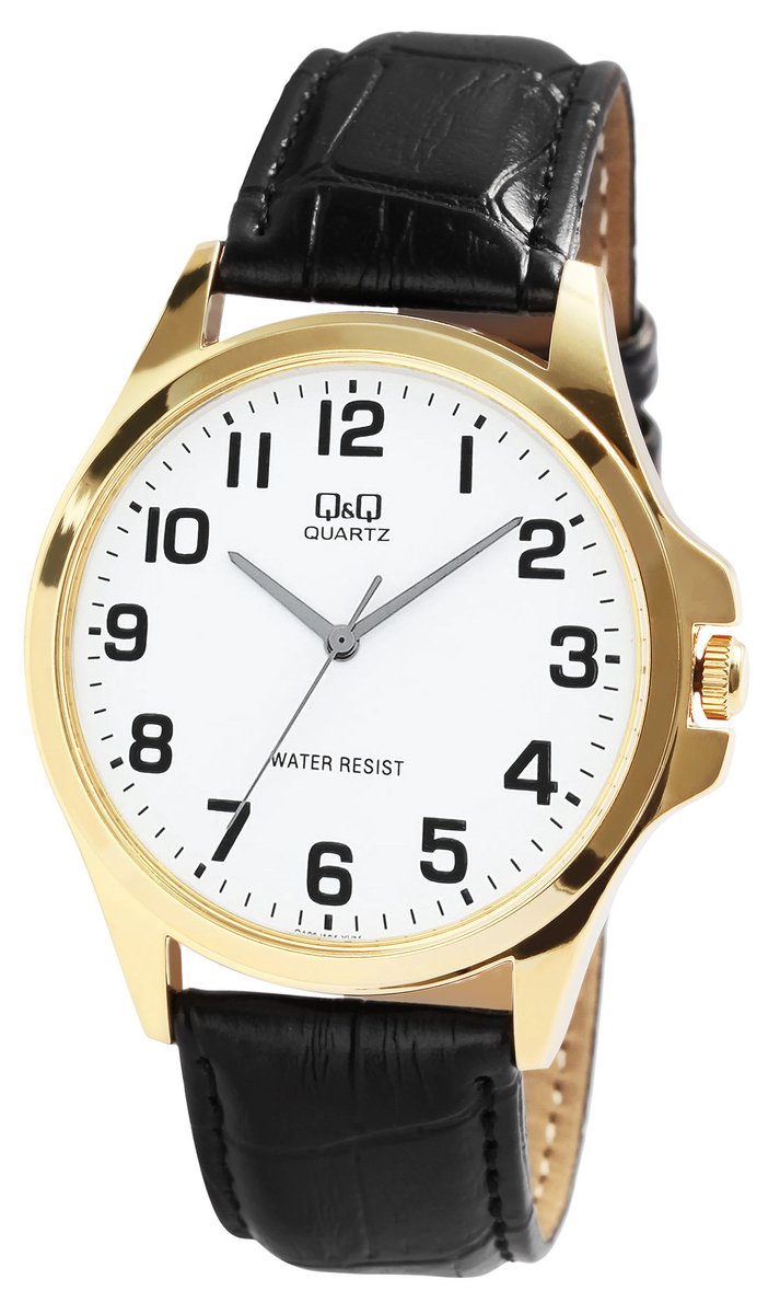 QQ QA06J104Y - Horloge - Analoog - Heren - Mannen - Leren band - Rond - Metaal - Cijfers - Zwart - Goudkleurig - Wit - 3 ATM