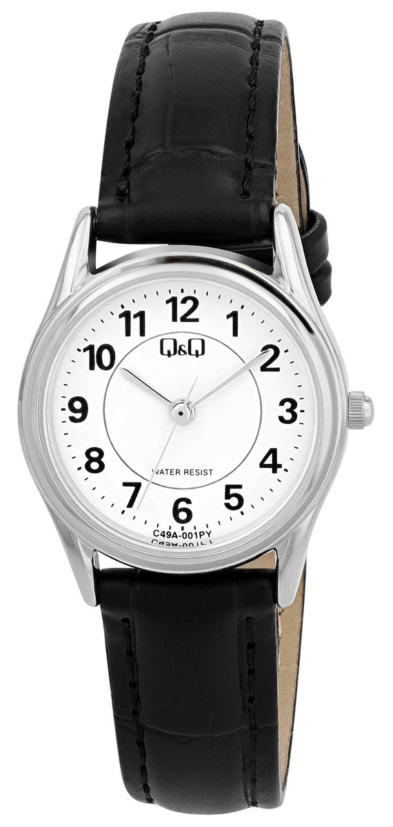 QQ C49A-001PY - Horloge - Polshorloge - Analoog - Dames - Vrouwen - Leren band - Rond - Metaal - Cijfers - Zwart - Zilverkleurig - Wit