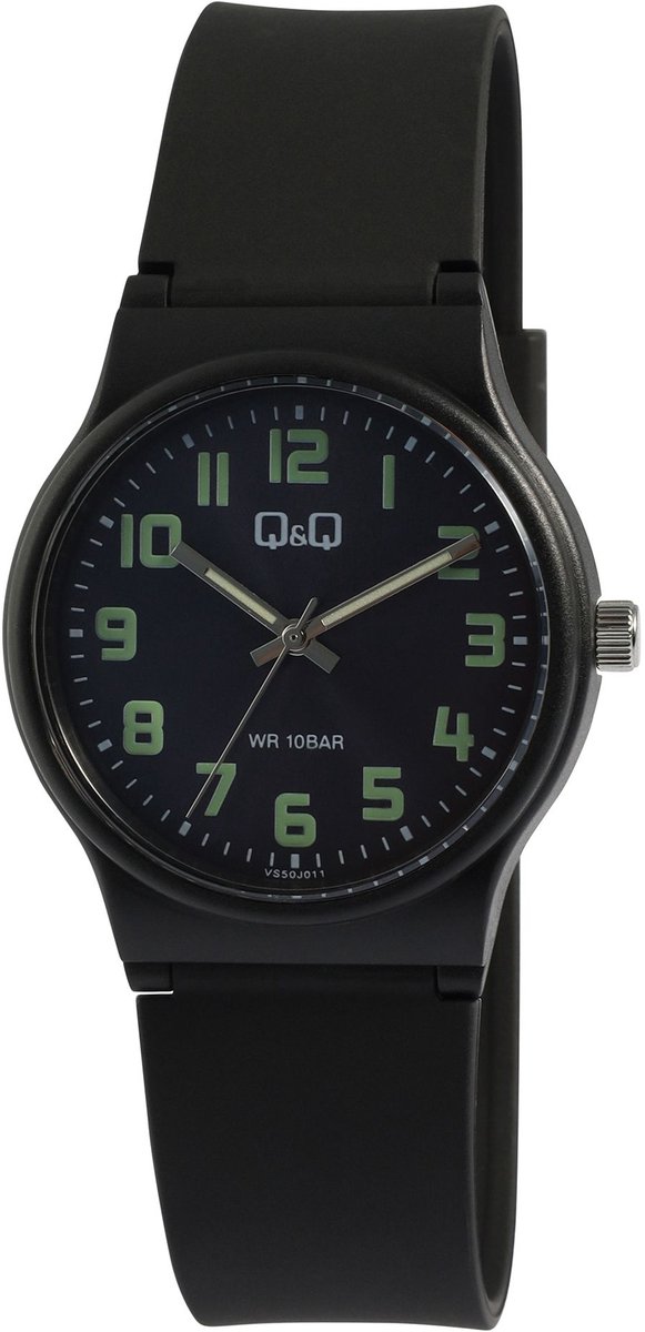 QQ VS50J011Y - Horloge - Sport - Analoog - Unisex - Plastic band - Rond - Cijfers - Kunststof - Zwart - Donkerblauw - Groen - 10 ATM