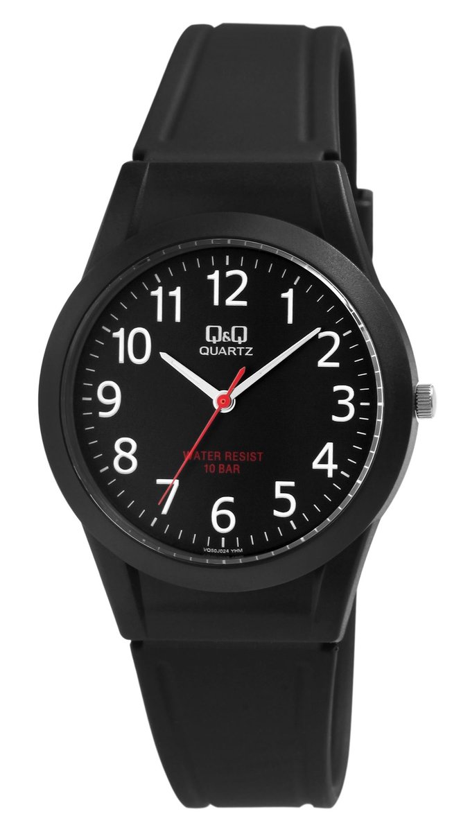 QQ VQ50J024Y - Horloge - Sport - Analoog - Heren - Plastic band - Rond - Kunststof - Cijfers - Rood - Zwart -10ATM