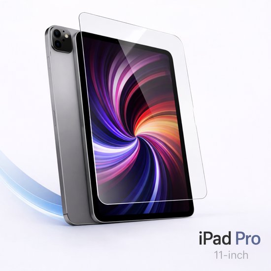iPad Pro 11 pouces argenté avec un protecteur d'écran. L'iPad affiche un fond d'écran coloré et tourbillonnant.