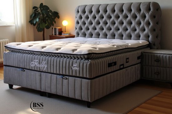 Bed Boxspring Fluffy - Set de lit avec Matras - Set de lit avec Topper - Grijs - 140x200