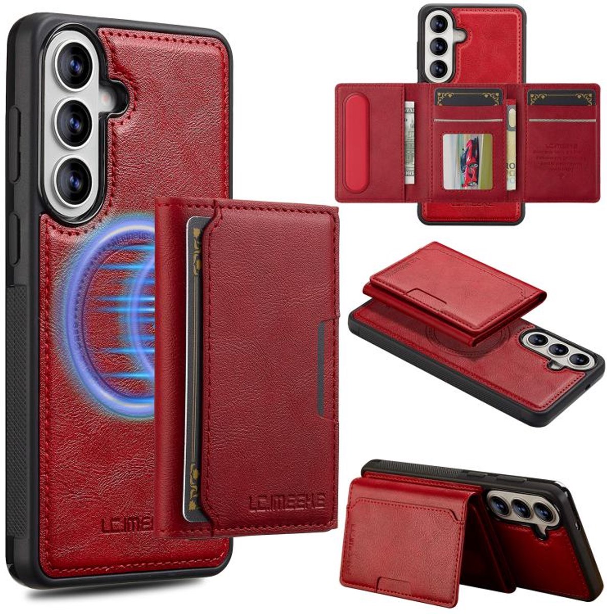 Telefoonhoesje geschikt voor de Samsung Galaxy A57 5G - Silicone TPU en kunst leer - rood back cover hoesje case met pasjeshouder - 4 pasjes afneembaar - MagSafe functie - L5