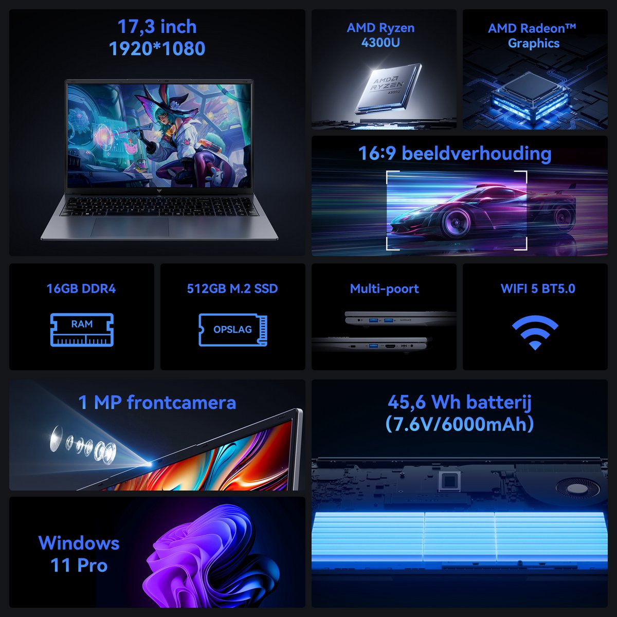 ACEMAGIC AX17Pro 17.3 Zoll FHD Laptop - Ryzen 4300U Processor tot 3.7GHz (Beat N-95) - 16GB DDR4 512GB SSD - WiFi 5 - BT5.0 - Grijs — afbeelding 2