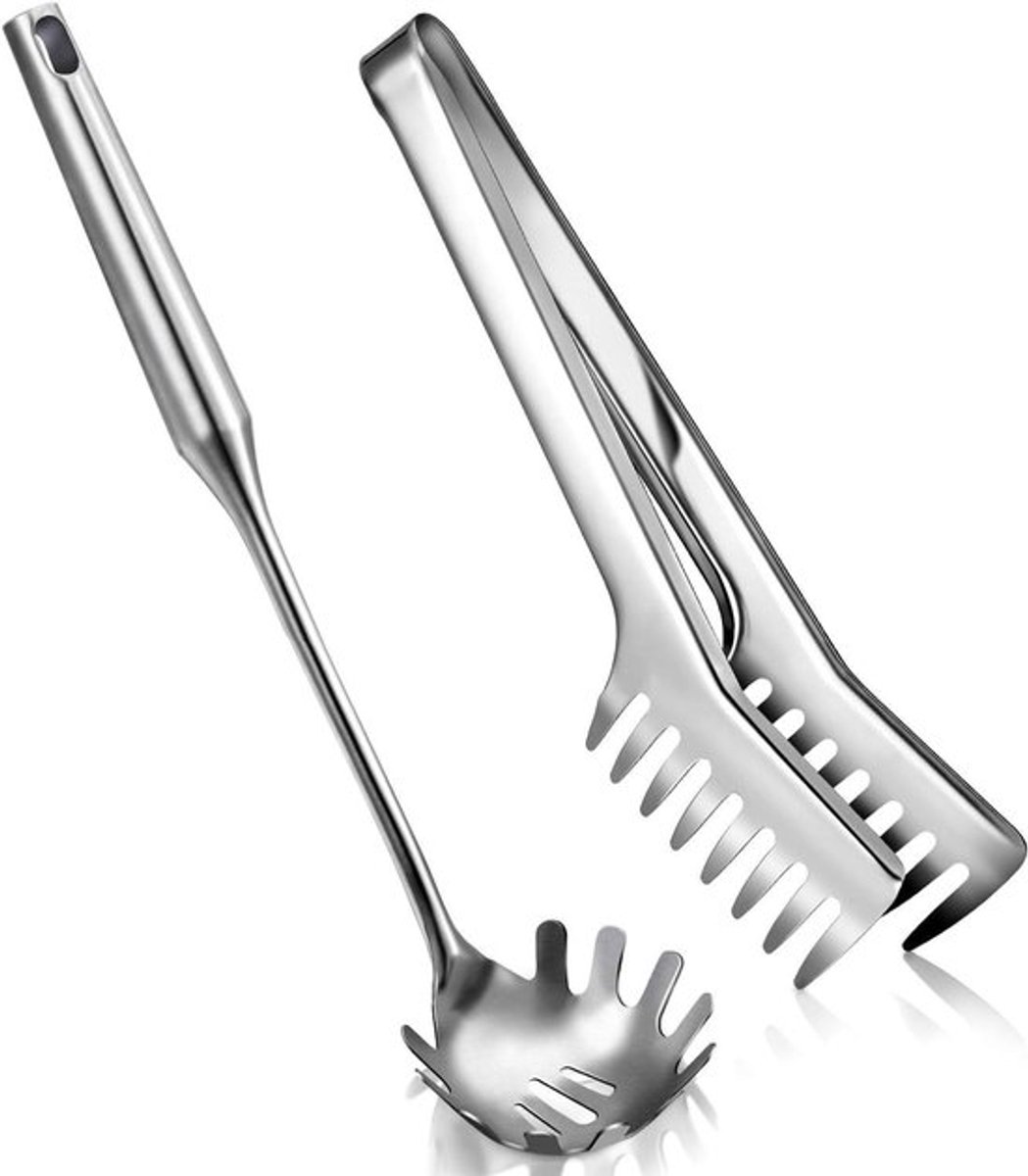 Spaghettilepels en pastatang set met comfortabele grip - Roestvrij staal - 2 stuks