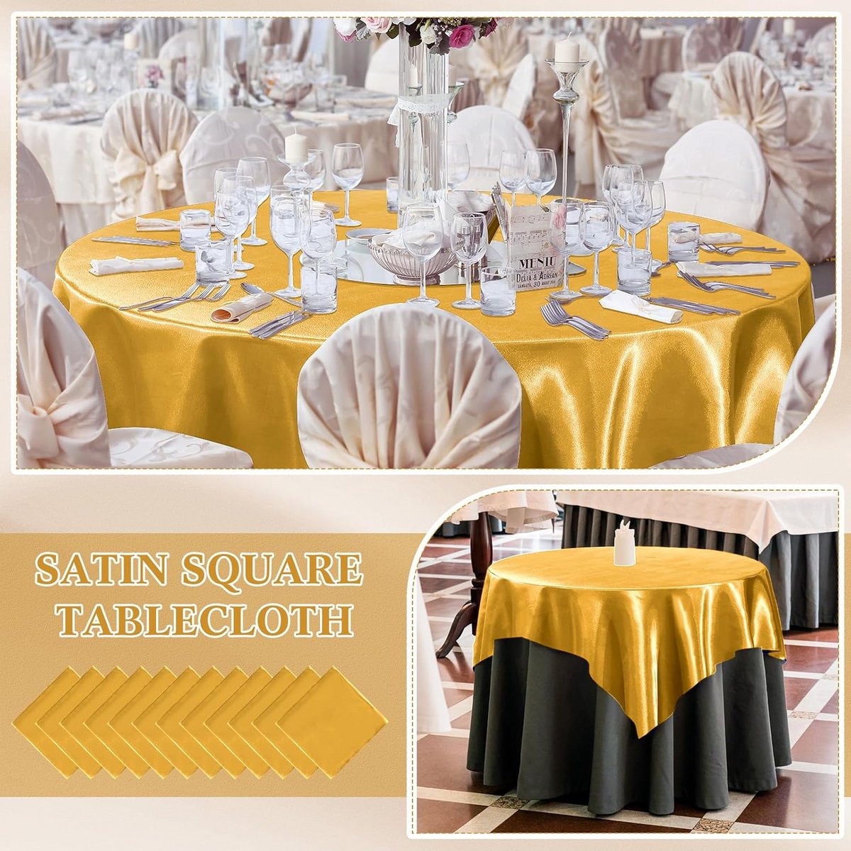 12x Vierkant Satijnen Tafelkleed 185x185 cm Goud voor Feest en Bruiloft