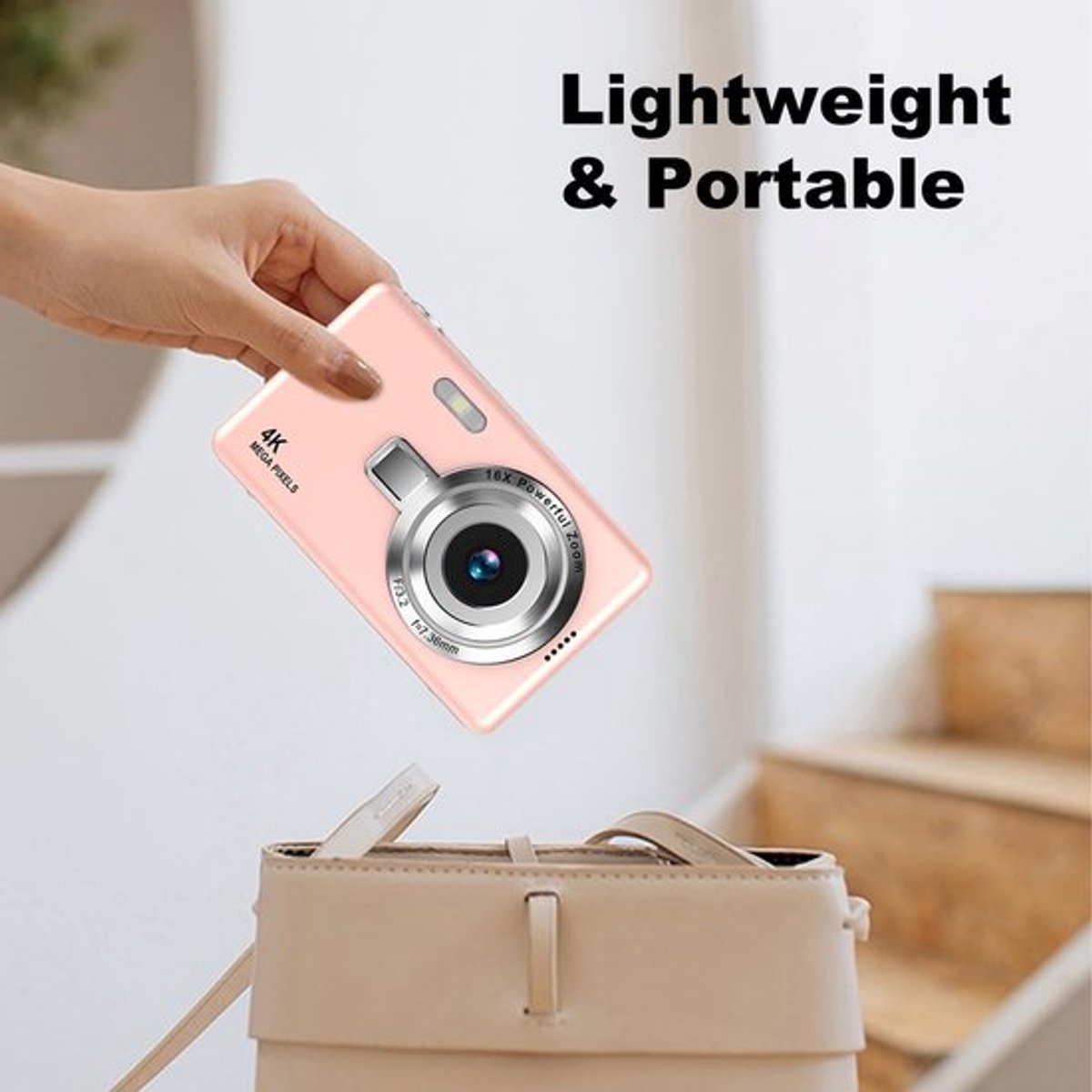 4K Ultra HD CCD digitale camera met 32GB TF-kaart - mini compacte point-and-shoot camera voor beginners, studenten, thuisfotografie en reizen (roze) thumbnail 5