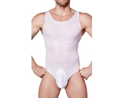 Mannen Body String Transparant Streep Mouwloos Kleding Stretch Onderhemd