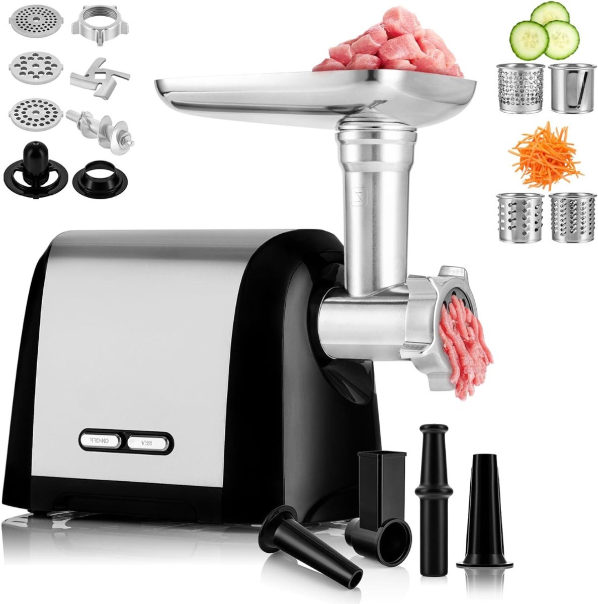 Quvo Professionele Worstenmaker Roestvrijstalen Vleesmolen – Elektrische Gehaktmolen – met 3 Maalplaten – Worstenvul Machine Worstenvuller ETL Goedgekeurd Zilver ‎18cm x 35cm x 30cm