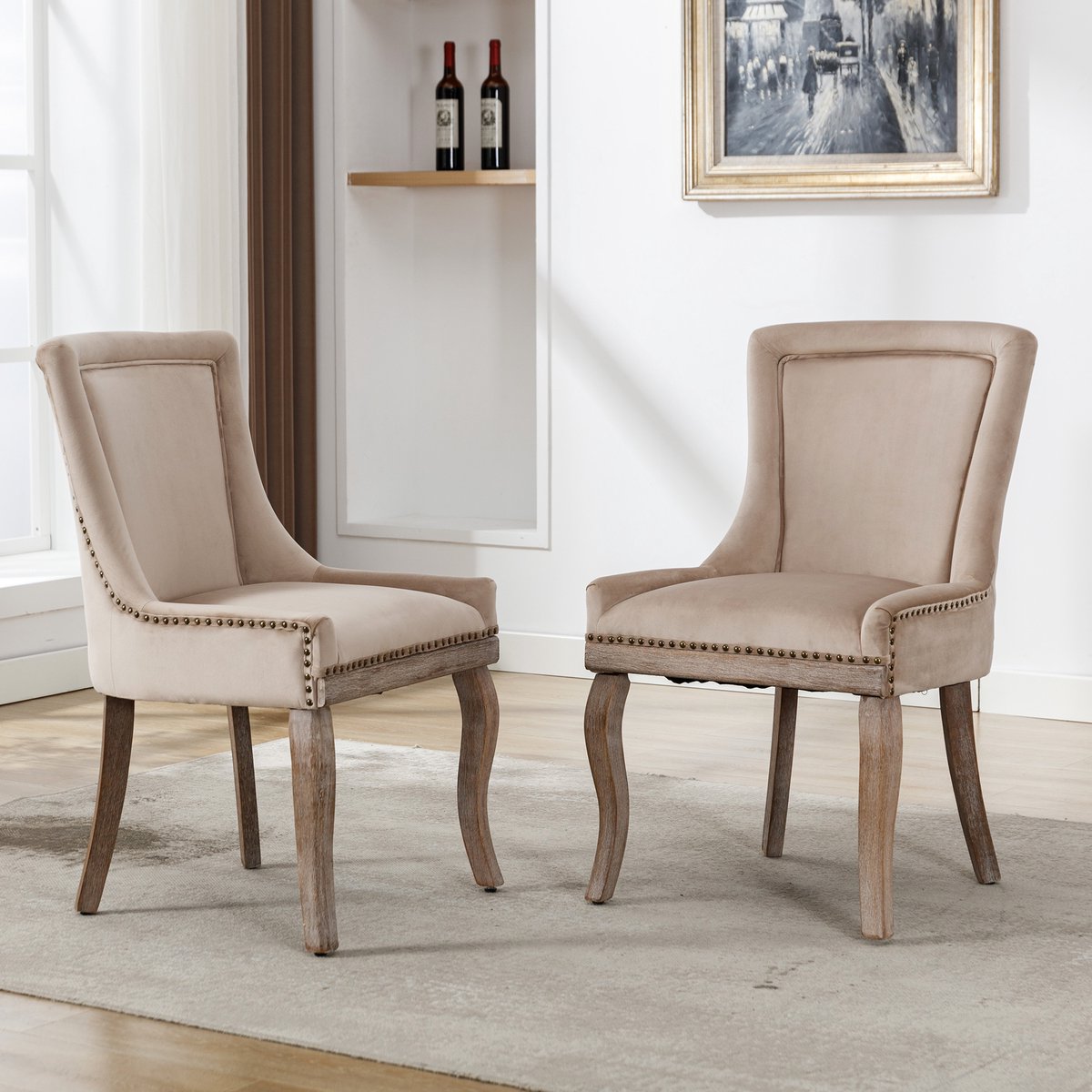 HAUSS SPOLE Eetkamerstoel – Luxe Velvet Design – Set van 2 – Met Gestoffeerde Rugleuning en Massief Houten Poten – Voor Eetkamer en Woonkamer – Beige