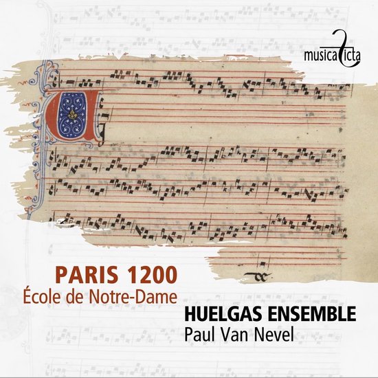 Oude muziekpartituur met de tekst 'PARIS 1200 École de Notre-Dame' en 'HUELGAS ENSEMBLE Paul Van Nevel'.