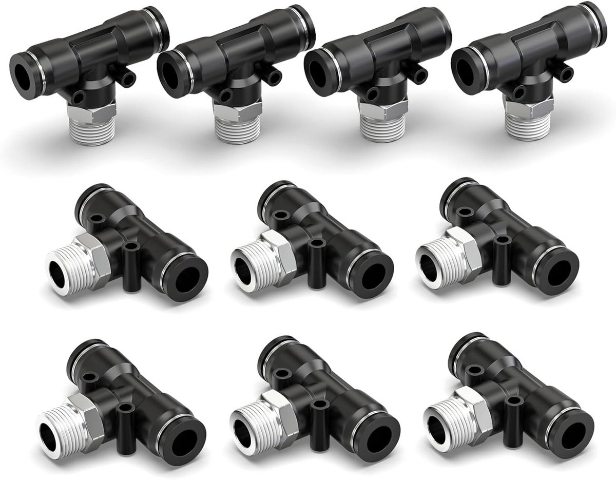 10 Stuks Zwarte T-Stuk Pneumatische Koppelingen 6mm Buis naar 3/8" BSP Schroefdraad Snelkoppeling