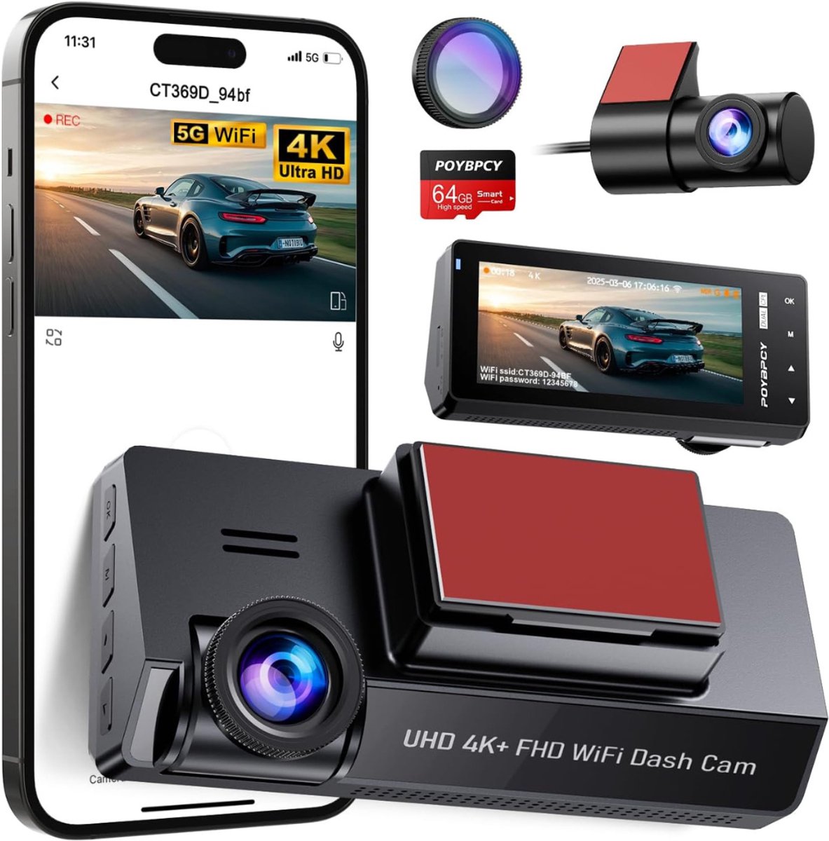 Aura® Dashcam Voor en Achter - Parkeermonitor - Dashcamera - Nachtzicht - Zwart - ‎4cm x 11cm x 5cm