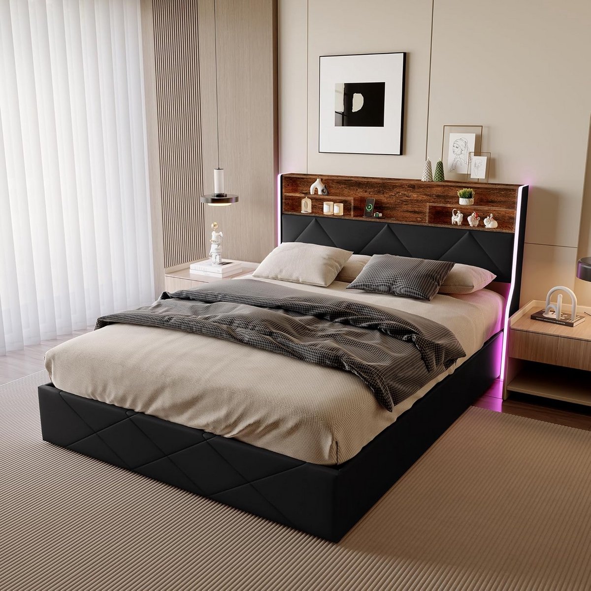 Tweepersoonsbed 140x200 cm met Opbergruimte en Geïntegreerde LED-Verlichting en USB-Poorten