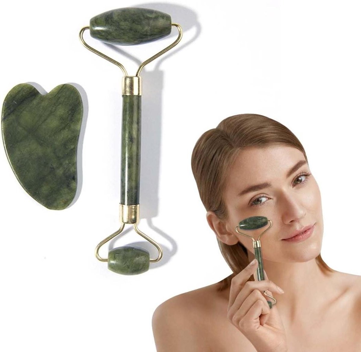 Gua Sha en jade roller voor gezichtsmassage - natuurlijk huidverzorgingscadeau