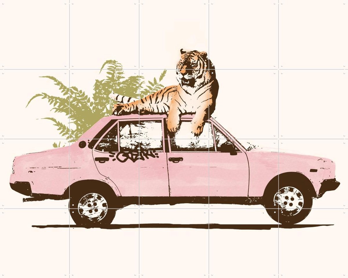 IXXI Tiger on Car, Florent Bodart - 100 x 80 cm - Gratis ophangtool - Grote wanddecoratie en posters - Vintage, Kleurrijk, Speels, Illustraties, Pop