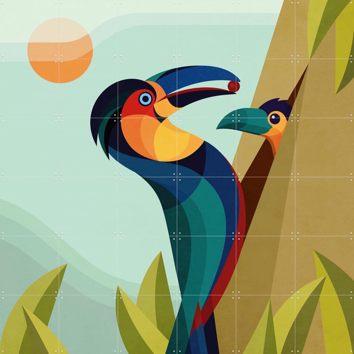 IXXI Toekans, Elke Uijtewaal - 120 x 120 cm - Gratis ophangtool - Grote wanddecoratie en posters - Illustraties, Digitale Kunst, Kleurrijk