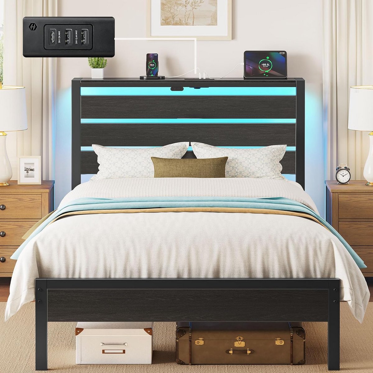 Eenpersoonsbedframe 90x190 met LED en USB Laaddock, Hout en Metaal