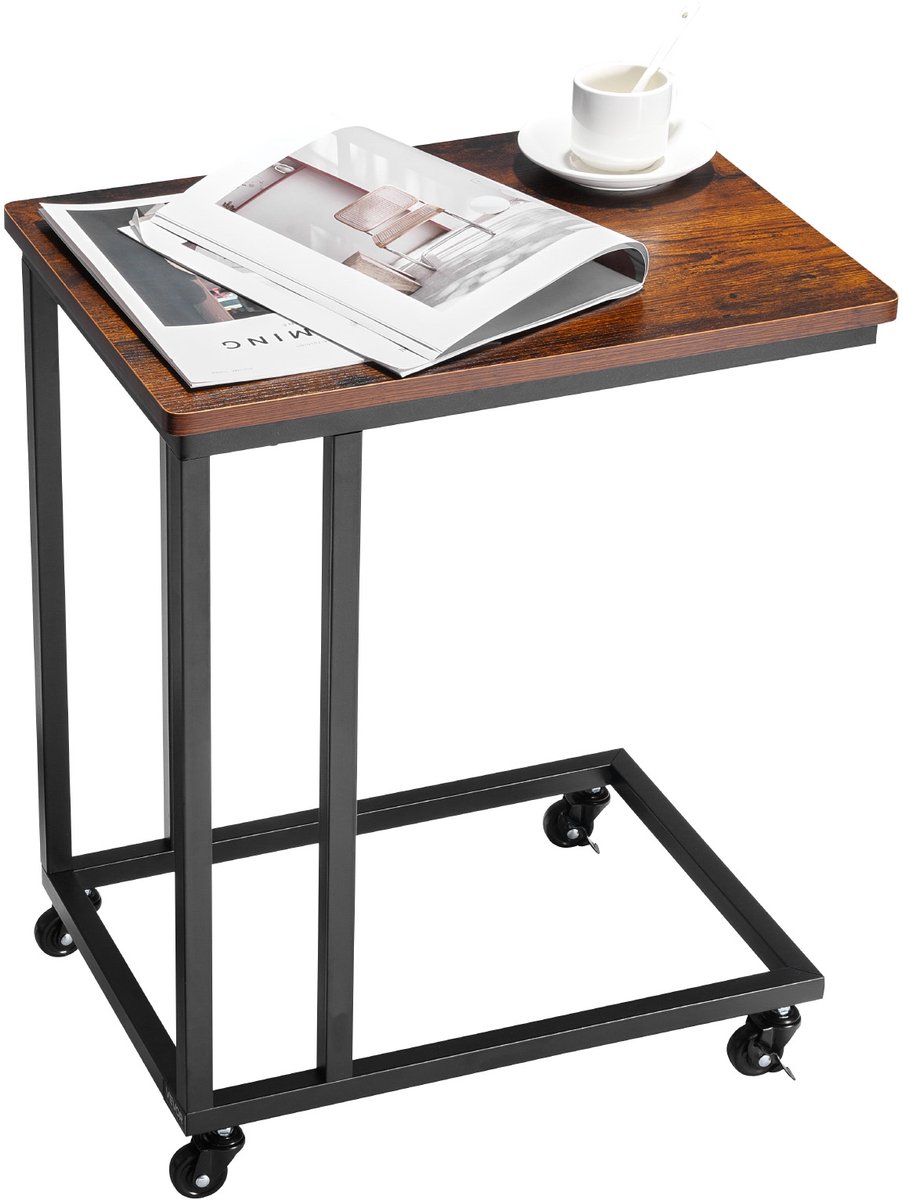 Vevor Bijzettafel Salontafel Met Metalen Frame Op Wielen, C-Vormige Salontafel voor Woonkamer Slaapkamer Kantoor 500 X 350 X 605 Mm Tv-Lade, Woonkamertafel Banktafel Bruin en Zwart