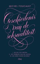 Boek kaft met de titel 'Geschiedenis van de seksualiteit' in sierlijke roze letters op een donkerblauwe achtergrond.