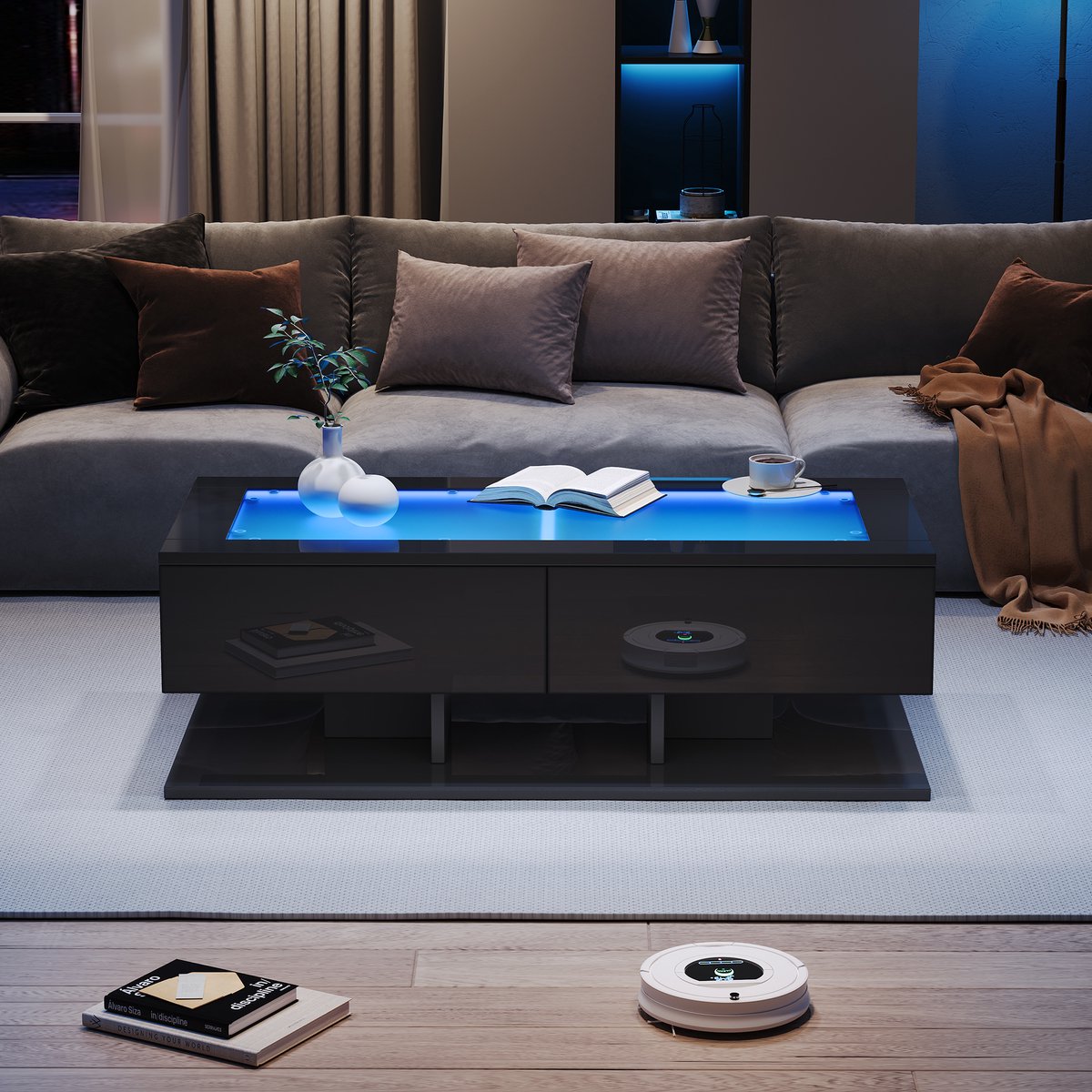 Clruro Salontafel - 100x50x35 cm - Hoogglans Met Lade LED En Glasblad - Glas - Zwart