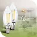 Twee heldere kaarslampen met E14 fitting en filament. Warm wit licht 3000K.