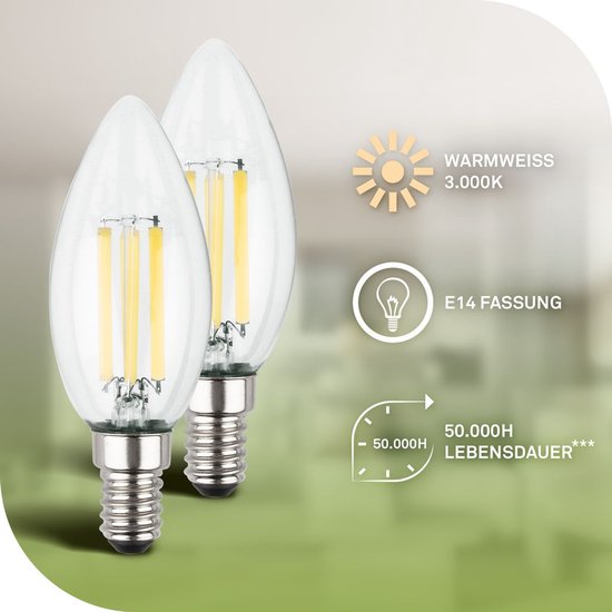 Twee heldere kaarslampen met E14 fitting en filament. Warm wit licht 3000K.
