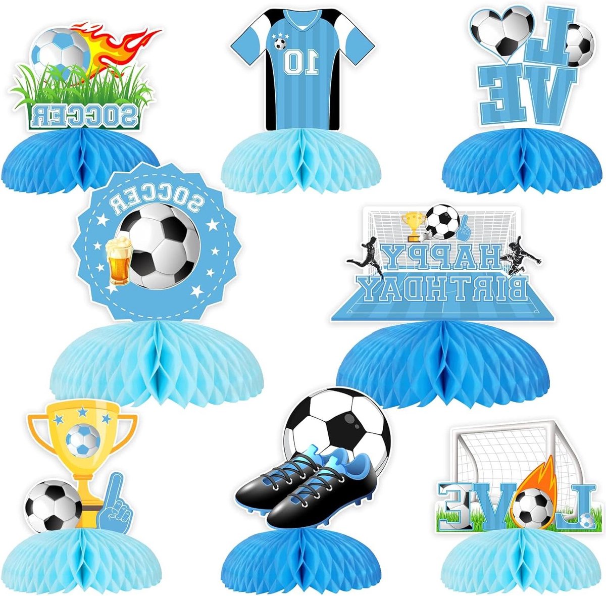 Verjaardagsdecoraties - Voetbal Thema - 8 Stuks - Gelukkige Verjaardag Honingraat Centerpieces - Blauw En Wit - Speler Feestbenodigdheden - Sport Game Feestartikelen.