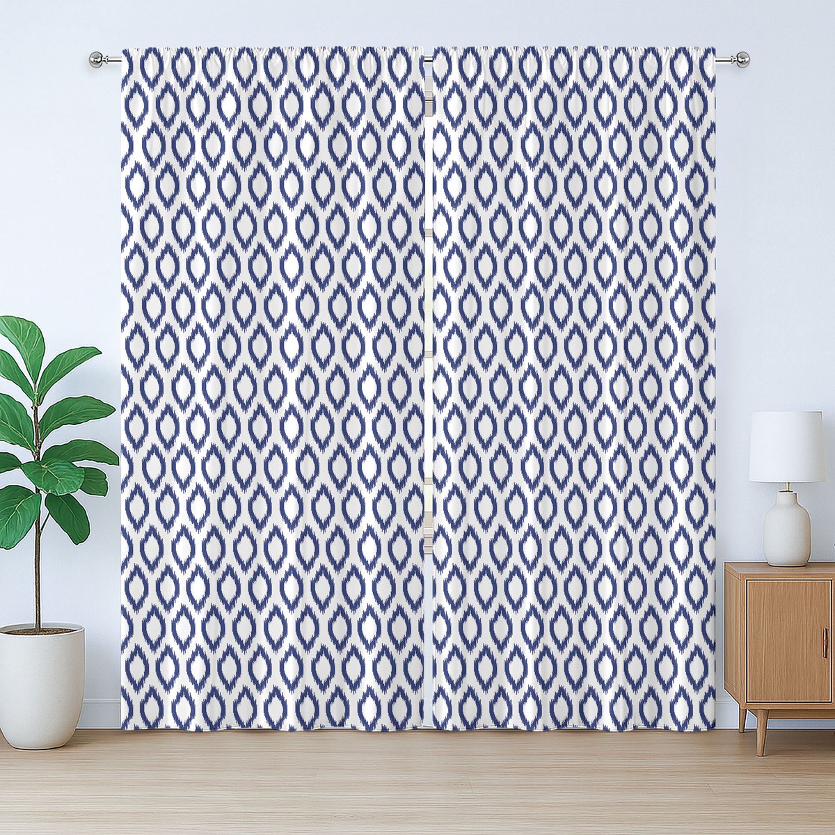 ABAKUHAUS Ikat Rustiek Gordijn, Oosters Blauw Ornament, met Bandjes voor de Woonkamer met Lussen en Haken, 280 x 260 cm, Koningsblauw Wit